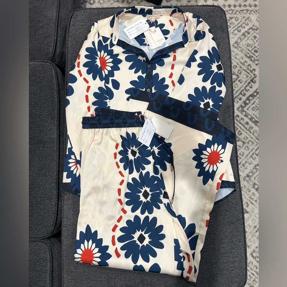 Skies Are Blue Navy and Cream Floral Pants with Coral Drawstring